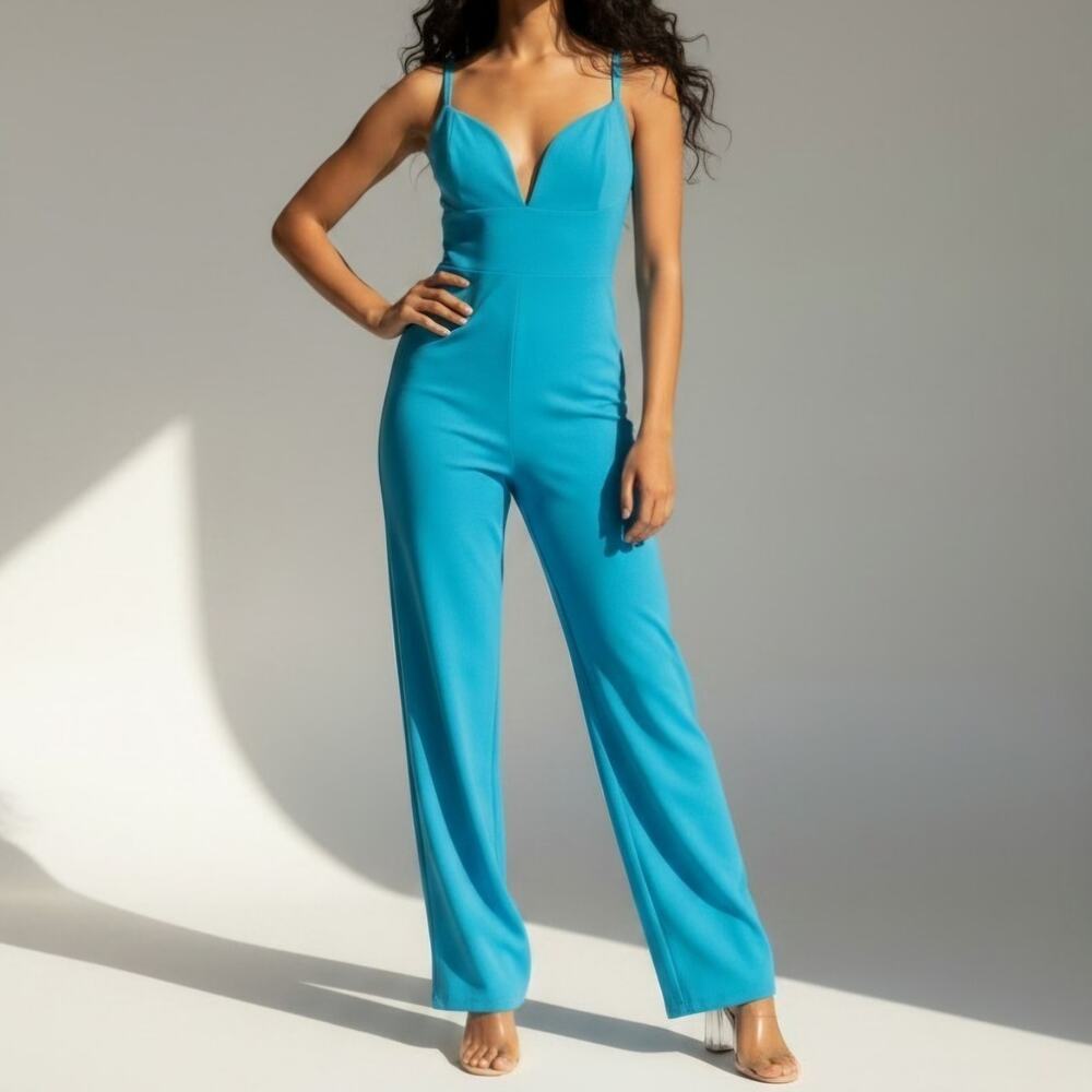 Lulus Blue Plunge Neck Wide Leg Jumpsuit Women's Size M NWT
